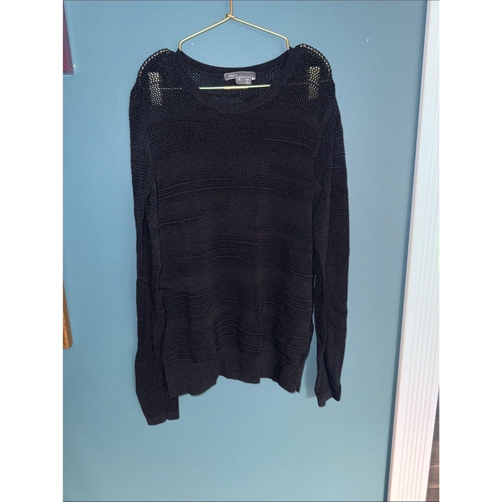 Vince Black Open-Knit Crewneck Sweater